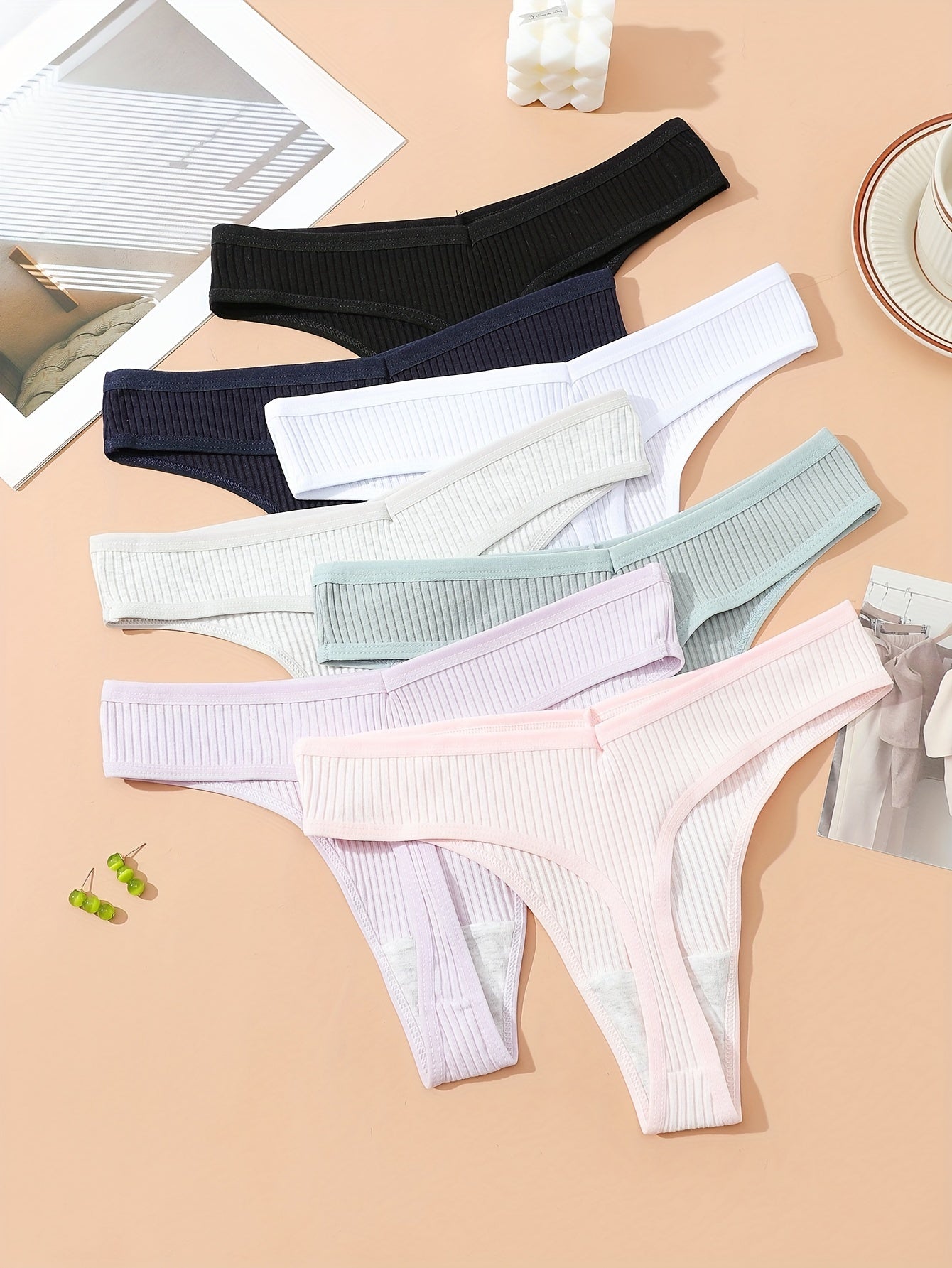 7pcs Ribbed Thongs Soft & Comfy Stretchy Intimates Panties Women's Lingerie