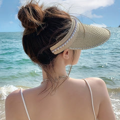 Faux Pearl Decor Visor Hat Solid UV Protection Straw Sun Hat