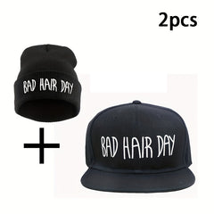 2 Pack Letter Embroidery Beanie Hat Flat Brim Baseball Cap