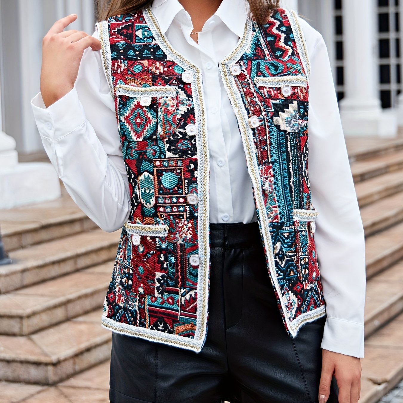 Geometric Pattern Button Front Vest Boho Sleeveless Vest