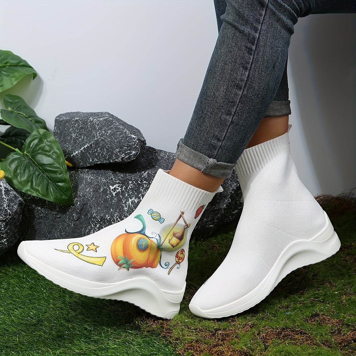 Women's Halloween Pumpkin Print Stretch Sock Boots