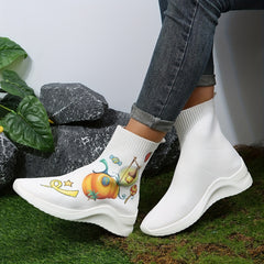 Women's Halloween Pumpkin Print Stretch Sock Boots
