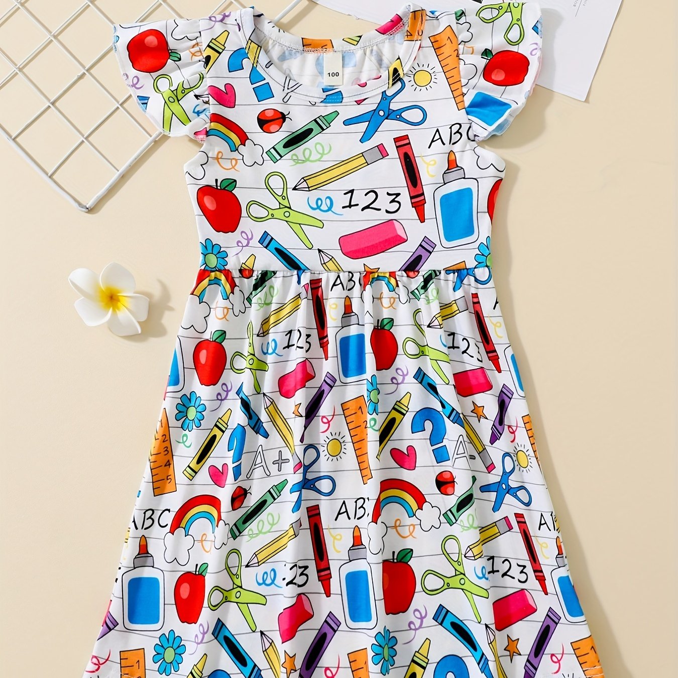 Cartoon Print Skater Dress Girls School Casual A Line Dress