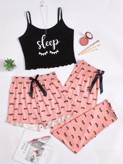 Eyelash Print Pajama Set Cami Top & Shorts & Pants