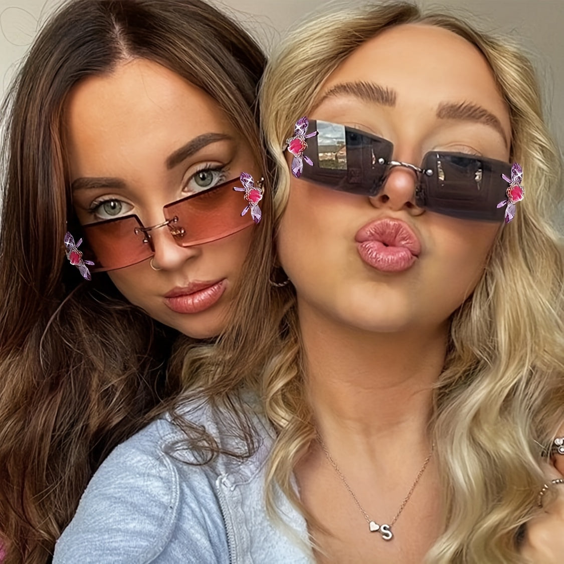 Rimless Sunglasses Rhinestone Flower Gradient Metal Glasses UV400