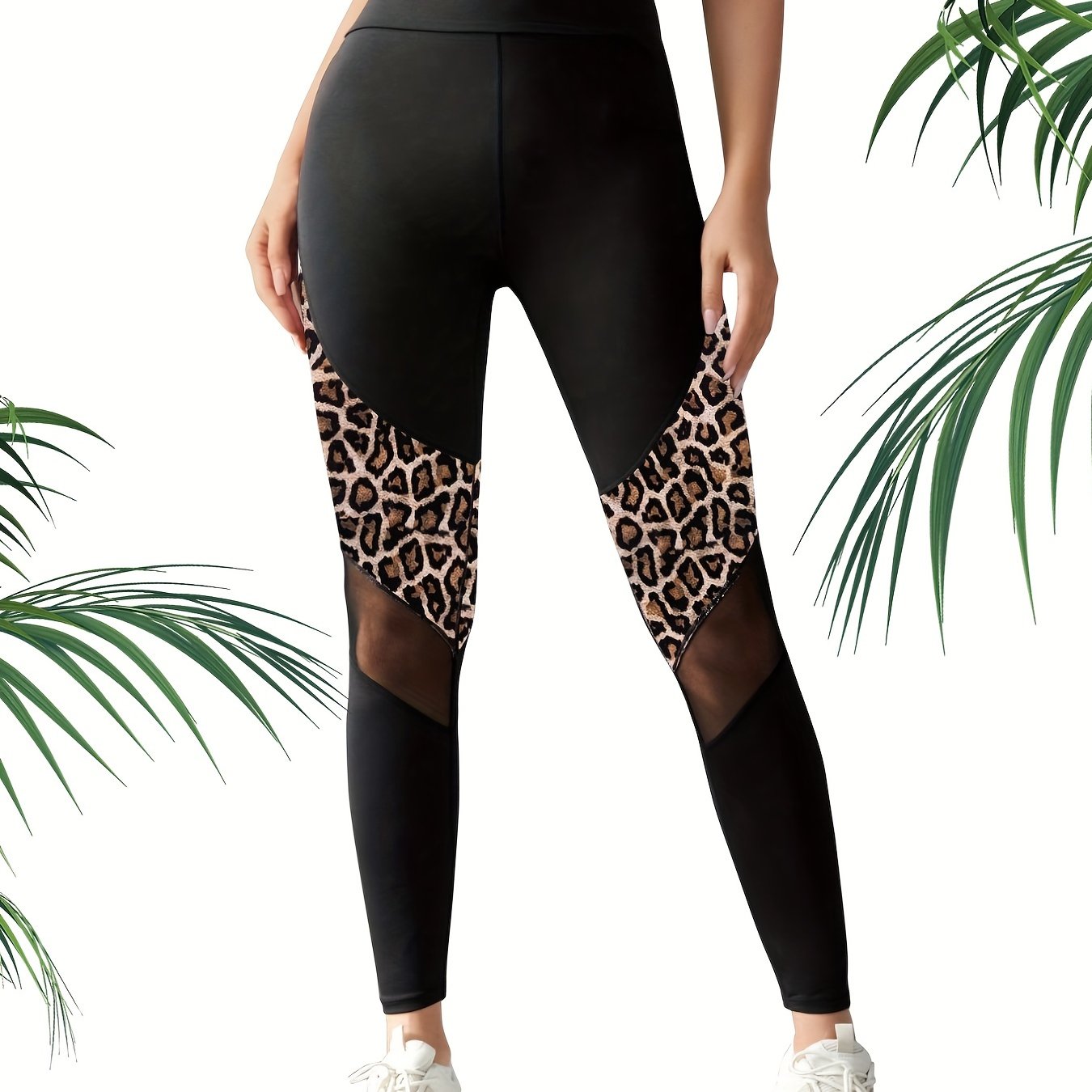 Leopard Print Mesh Stitching Tight Leggings Sports Yoga Pants