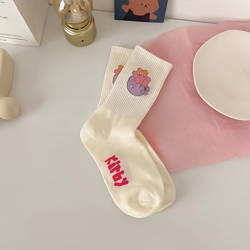 5 Pairs Soft Pink & Cartoon Crew Socks Pack Women's Stockings