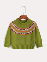 Little Girls Jacquard Round Neck Knitted Pullover Top