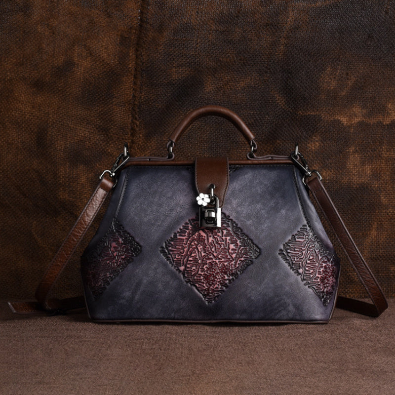 Vintage Floral Leather Handbag w/ Buckle Closure & Clutch