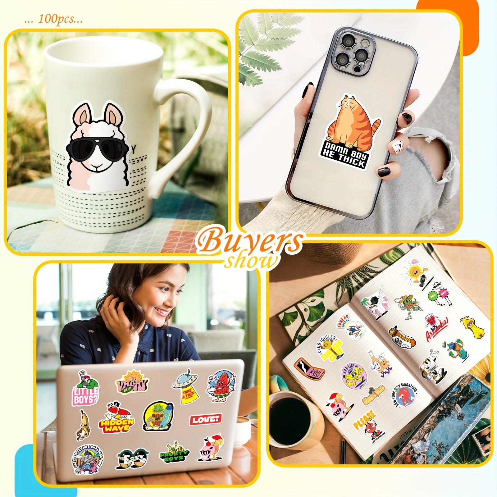 100pcs Cartoon Fun Stickers Waterproof for Water Bottle Laptop Skateboard
