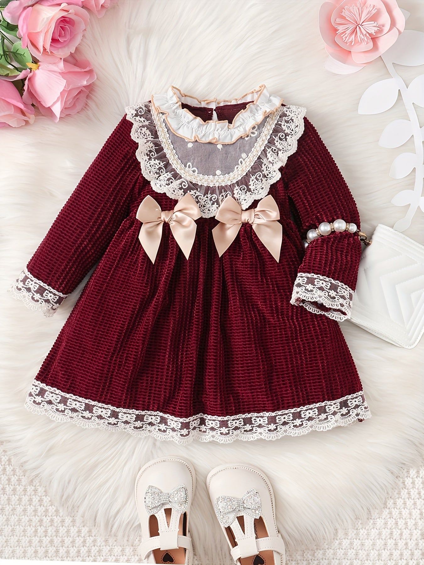 Toddler Baby Girls Lace Trim Bow Puffy Princess Dress