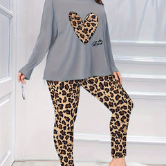Casual Pajamas Set Women's Plus Leopard Heart Print