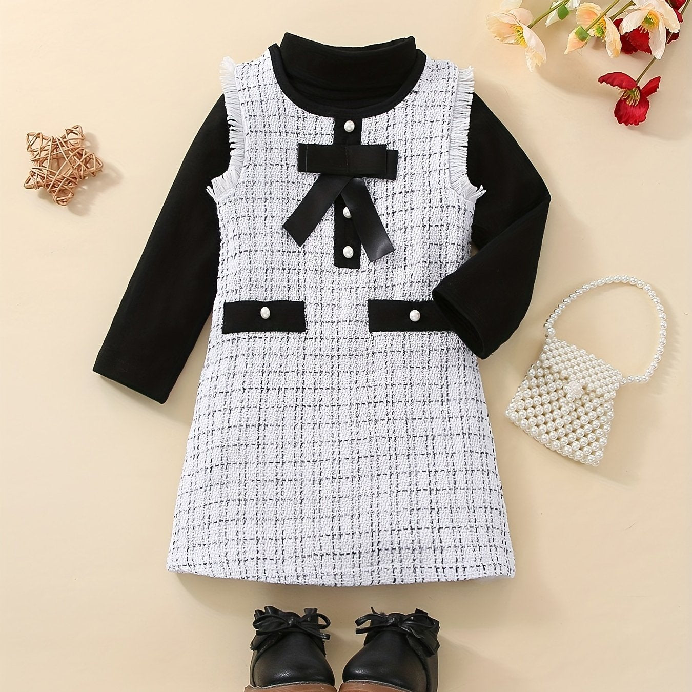 Girls Houndstooth Bow Dress Shirt Set