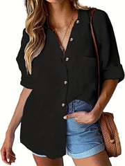 Solid Button Up Long Sleeve Blouse