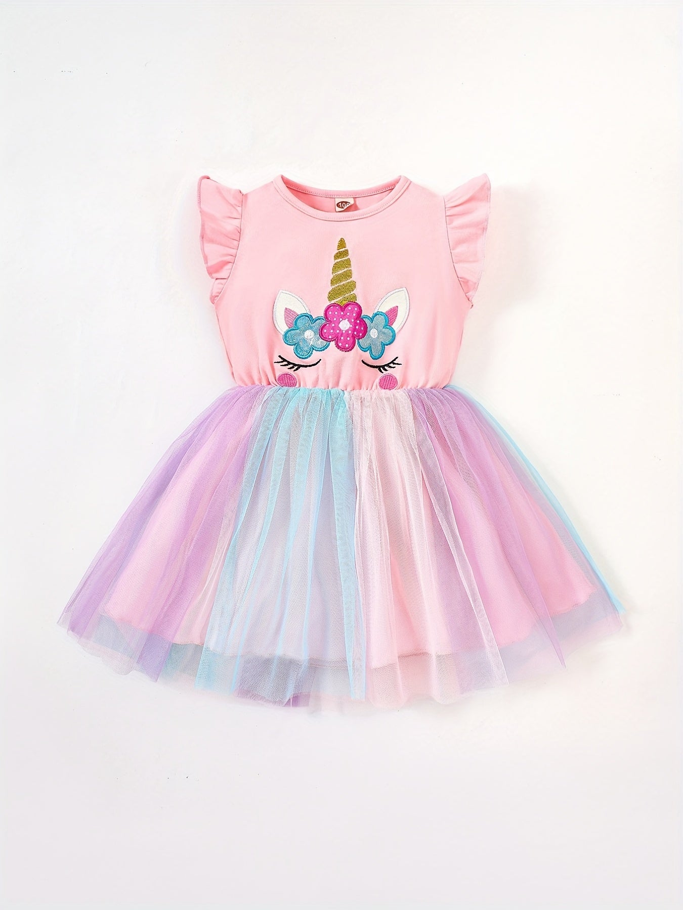 Toddler Girls Ruffle Trim Cartoon Unicorn Dress