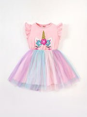 Toddler Girls Ruffle Trim Cartoon Unicorn Dress