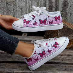 Women's Butterfly Pattern Canvas Shoes - Lace Up Low Round Toe Flat