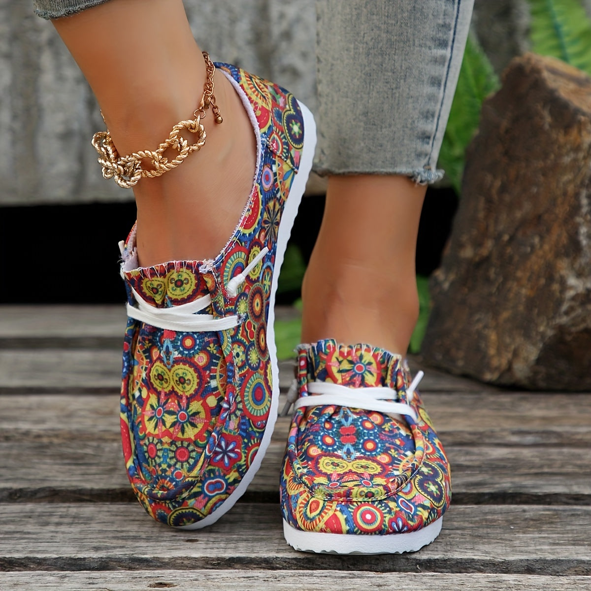 Floral Print Canvas Lace Up Sneakers Lightweight Low Top Shoes