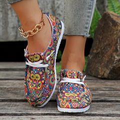 Floral Print Canvas Lace Up Sneakers Lightweight Low Top Shoes