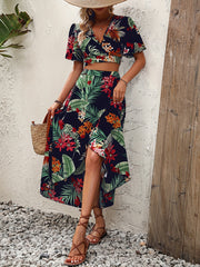 Tropical Print V Neck Flutter Sleeve Two Piece Set