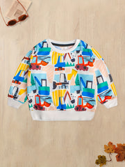 Excavator Pattern Boy's Long Sleeve T-shirt Block Loose Round Neck Casual Top
