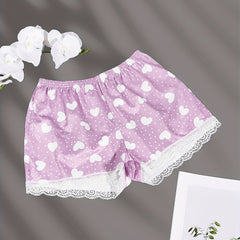 Heart Print Sleep Bottoms & Lace Trim Elastic Waistband Shorts