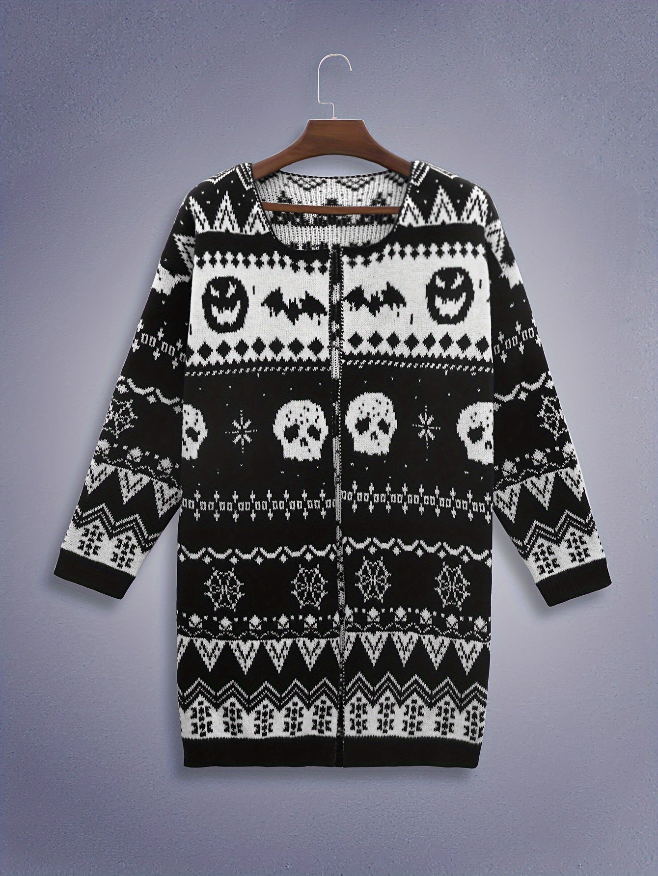 Halloween Retro Cardigan Women's Plus Skull & Bat Patterned Sweater