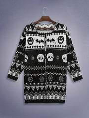 Halloween Retro Cardigan Women's Plus Skull & Bat Patterned Sweater