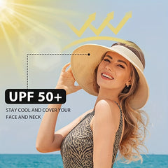 Women's Roll Up Straw Beach Sun Visor Hat Wide Brim Bowknot Cap