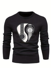 Men's Instrument Print Knitted Sweater Active Mid Stretch Slim Fit Warm Pullover