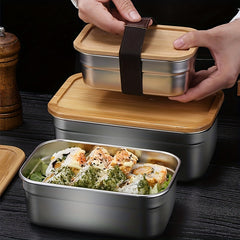 Square Lunch Box Bamboo Lid Bento Stainless Steel Crisper Travel Food Containers