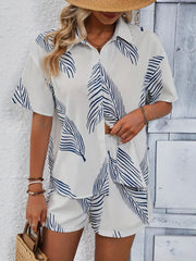 Leaves Print Two Piece Set Casual Short Sleeve Shirt & Shorts