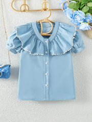 Girls Ruffle Collar Shirt Lace Puff Sleeve Top
