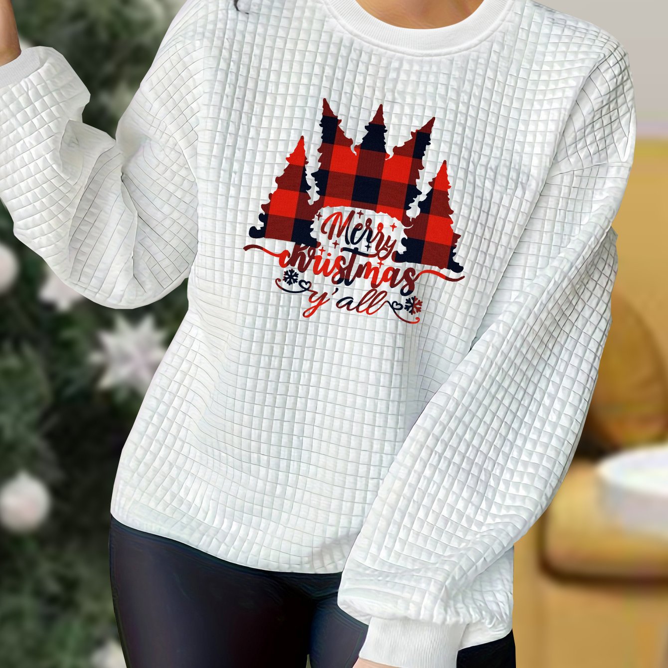 Christmas Casual Loungewear Top Women's Plus Slogan & Tree Print