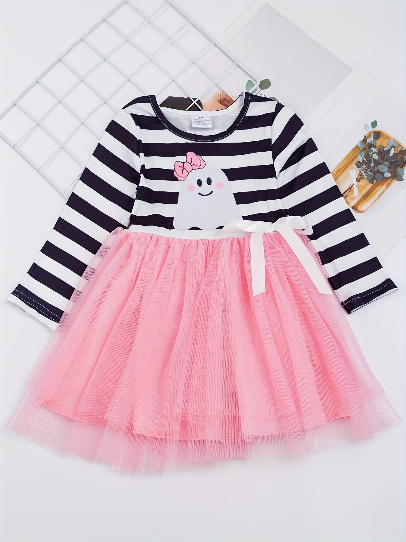 Toddler Girls Halloween Tutu Dress Ghost & Striped Print With Bowknot