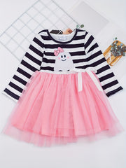 Toddler Girls Halloween Tutu Dress Ghost & Striped Print With Bowknot
