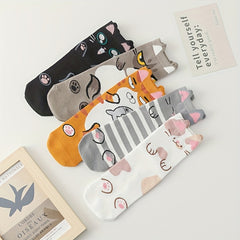5 Pairs Cartoon Cat Print Socks Women's Stockings & Hosiery