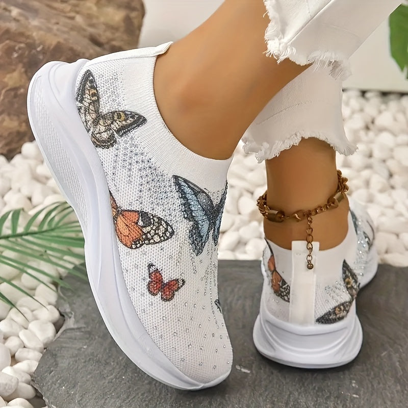 Women's Rhinestone Butterfly Print Running Sport Shoes Colorful Slip On Shoes