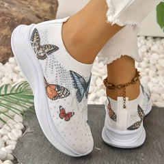 Women's Rhinestone Butterfly Print Running Sport Shoes Colorful Slip On Shoes