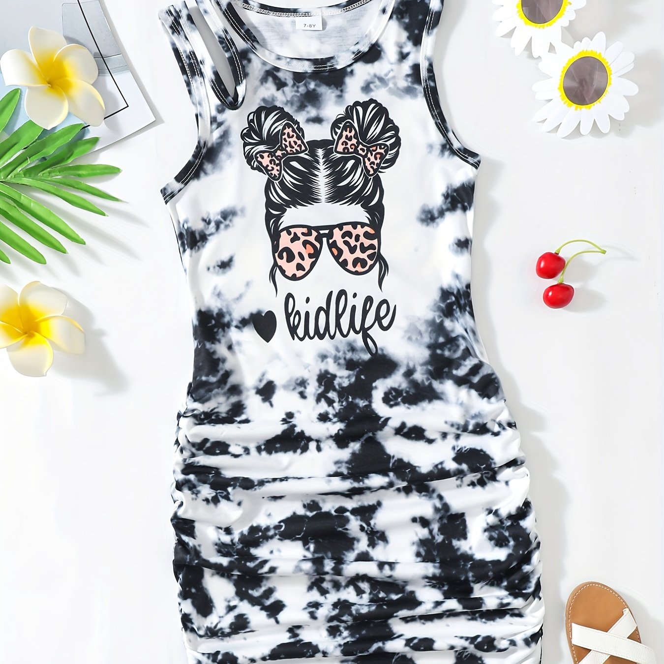 Girls Ruched Side Tie Dye Sleeveless Casual Dress Bodycon Fit Party Vacation