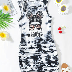 Girls Ruched Side Tie Dye Sleeveless Casual Dress Bodycon Fit Party Vacation