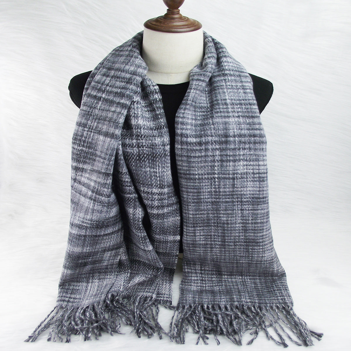 Vintage Grey Tassel Plaid Scarf Cashmere Shawl Women Windproof Headwrap