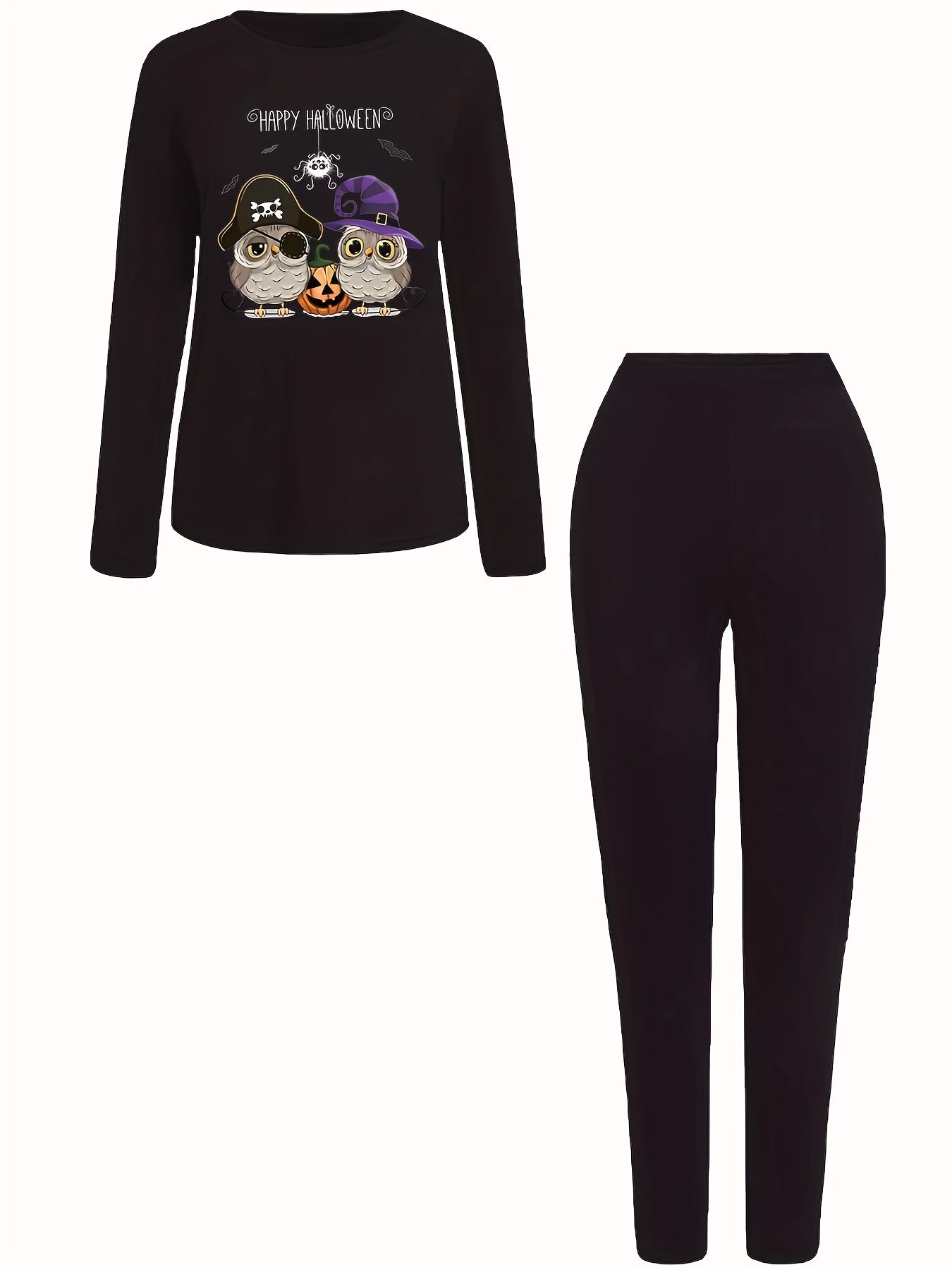Owl Print Long Sleeve Tee & Skinny Pants Set Women's Casual Outfit
