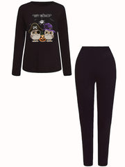 Owl Print Long Sleeve Tee & Skinny Pants Set Women's Casual Outfit