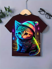 3D Dreamy Kitty Graphic Short Sleeve T-shirt For Girls