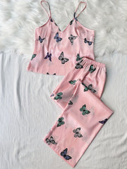 Butterfly Print Pajama Set V Neck Sleeveless Cami Top & Lounge Pants