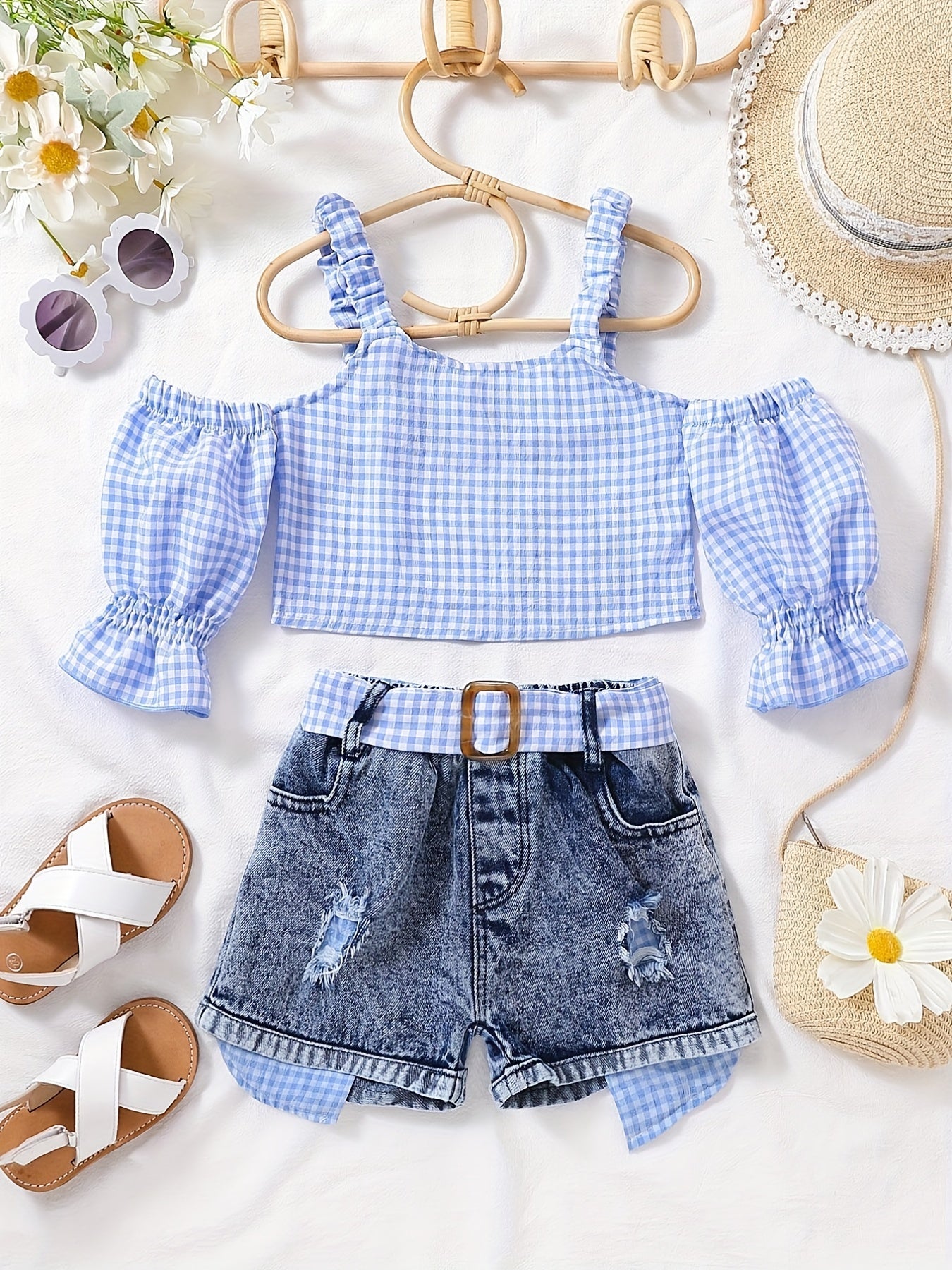Girls Cold Shoulder Plaid Crop Top & Denim Shorts Set Summer Clothes