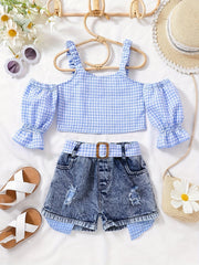Girls Cold Shoulder Plaid Crop Top & Denim Shorts Set Summer Clothes