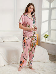 Floral Satin Pajama Set Short Sleeve Top & Pants