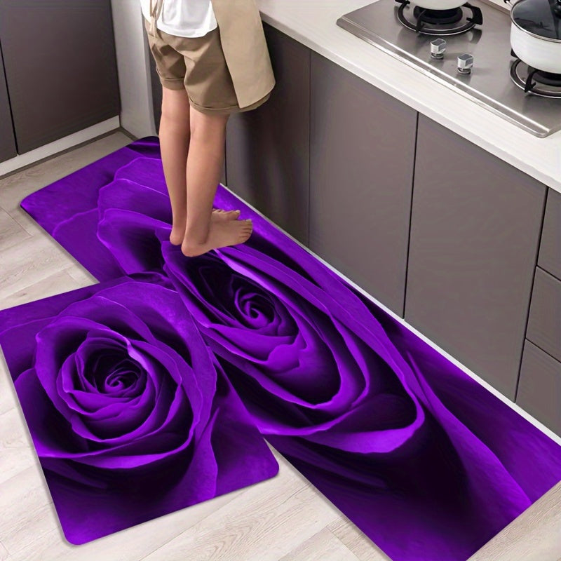 Purple Rose Kitchen Mat Non Slip Waterproof Stain Resistant Soft Sponge Doormat